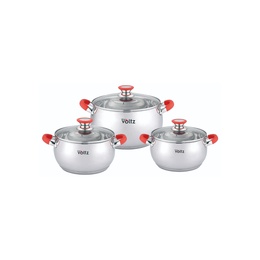 Set of pots Voltz OV51210N6B, 18/20/22 cm.=/2.5/3.5/4.6 l., Red  handles, Stainless steel. steel, I 551210N6BR