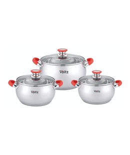 Set of pots Voltz OV51210N6B, 18/20/22 cm.=/2.5/3.5/4.6 l., Red  handles, Stainless steel. steel, I 551210N6BR  Hover