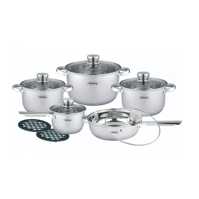 Rosberg R51210L12BM, 12 daļu virtuves piederumu komplekts, 2 daļu paliktņi, nerūsējošais tērauds