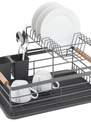 Divstāvu trauku žāvēšanas statīvs, tērauds-plastmasa-koks, pelēks - KINGHoff. KH 1797  Hover