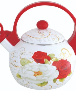 Tējkanna ar svilpīti, emaljēts tērauds, sarkans ar baltu rožu rakstu, 2 l, KINGHoff, KH 1910  Hover