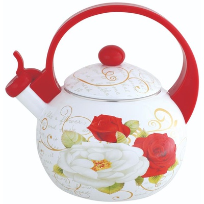 Tējkanna ar svilpīti, emaljēts tērauds, sarkans ar baltu rožu rakstu, 2 l, KINGHoff, KH 1910