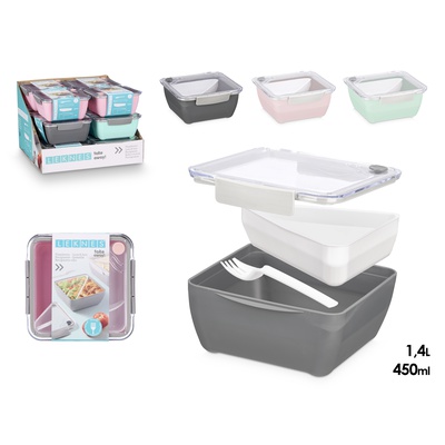 Pusdienu kaste ar nodalījumu, 3 krāsas, 450 ml + 1.4 L, 8.8×19.2×18.7 cm, 10479, Leknes