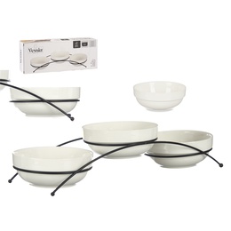Komplekts 3 porcelāna bļodas 350 ml ar statīvu, baltas, 13.7×38×8 cm, 86490, Vessia