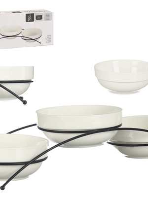 Komplekts 3 porcelāna bļodas 350 ml ar statīvu, baltas, 13.7×38×8 cm, 86490, Vessia  Hover