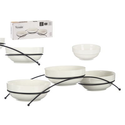 Komplekts 3 porcelāna bļodas 350 ml ar statīvu, baltas, 13.7×38×8 cm, 86490, Vessia