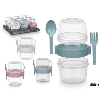 Plastmasas trauks ar galda piederumiem, 800 ml, 3 krāsas, 13.8×12.5×10.2 cm, 94909, Leknes