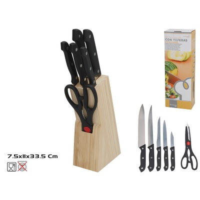 7 nažu komplekts ar šķērēm un koka statīvu (19 cm), 33,5 x 11 x 7,5 cm, KITCHEN&GO 8445393419053