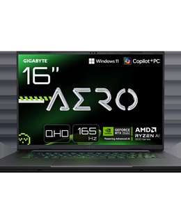  Gigabyte AERO X16 1VH-93EEC94AH | 16  | IPS | QHD+ | 165 Hz | AMD Ryzen Al 7 | 350 | 16 GB | DDR5 | Solid-state drive capacity 1000 GB | NVIDIA GeForce RTX 5060 | GDDR7 | 8 GB | Windows 11 Home | 802.11ax | Bluetooth version 5.2 | Keyboard language US international | Keyboard backlit | Warranty 24 month(s)  Hover