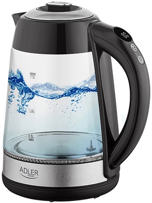 Tējkanna Adler | Kettle | AD 1285 | Electric | 2200 W | 1.7 L | Glass/Stainless steel | 360° rotational base | Grey  Hover
