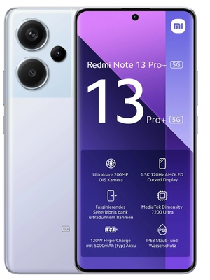 Telefons Xiaomi | Redmi | Note 13 Pro+ | Aurora Purple | 6.67  | AMOLED | 1220 x 2712 pixels | Mediatek | Dimensity 7200 Ultra | Internal RAM 12 GB | 512 GB | Dual SIM | Nano-SIM | 4G | 5G | Main camera 200+8+2 MP | Secondary camera 16 MP | Android | 13 | 5000 mAh  Hover
